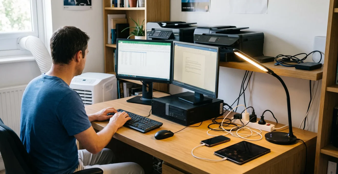 Home office desk with multiple electrical devices including computer, monitors, desk lamp, chargers, and printer sharing the same circuit.