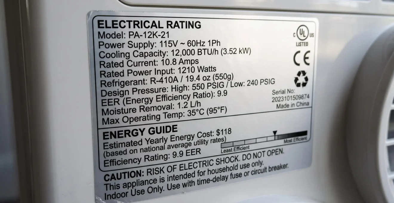 Close-up of an energy rating label on a portable air conditioner showing power consumption specifications in watts and amperes.