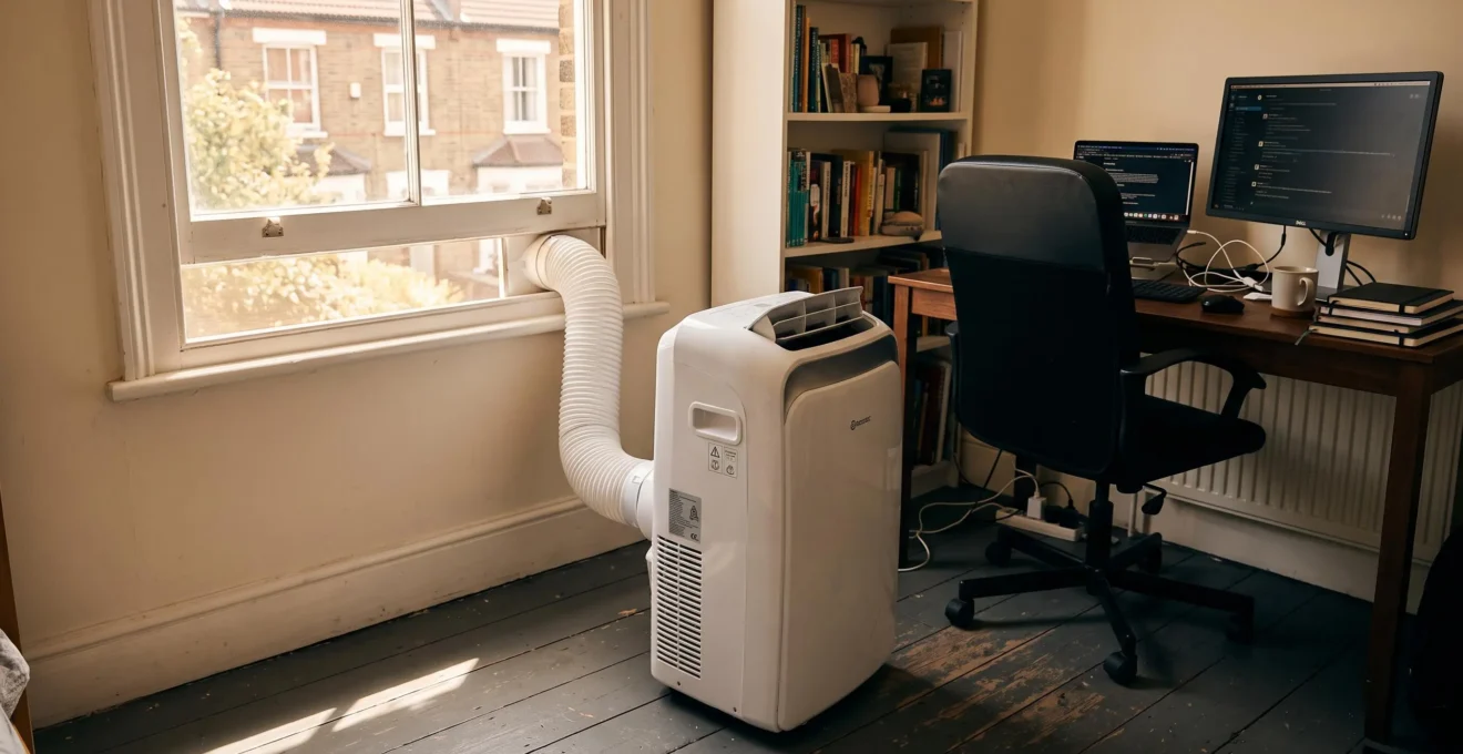 Portable air conditioning unit running in a British home office with exhaust hose directed toward an open window during summer.