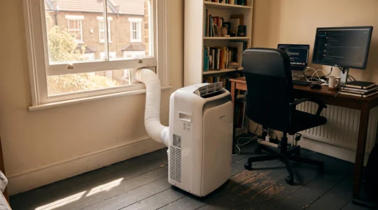 Portable air conditioning unit running in a British home office with exhaust hose directed toward an open window during summer.